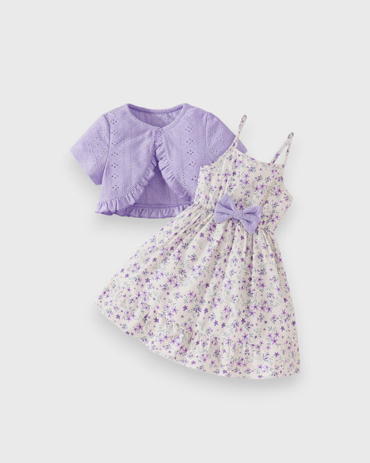 2 Pc Girls Pointelle Cardigan & Floral Dress Set