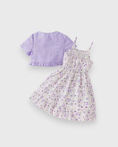 2 Pc Girls Pointelle Cardigan & Floral Dress Set