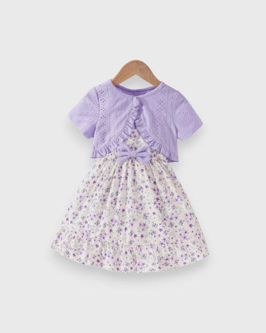 2 Pc Girls Pointelle Cardigan & Floral Dress Set