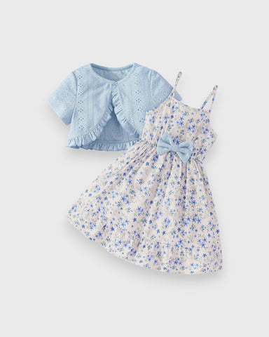 2 Pc Girls Pointelle Cardigan & Floral Dress Set