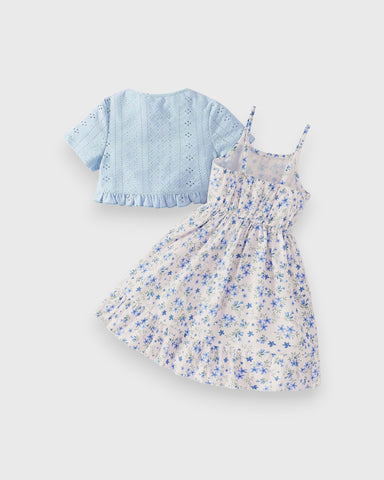 2 Pc Girls Pointelle Cardigan & Floral Dress Set