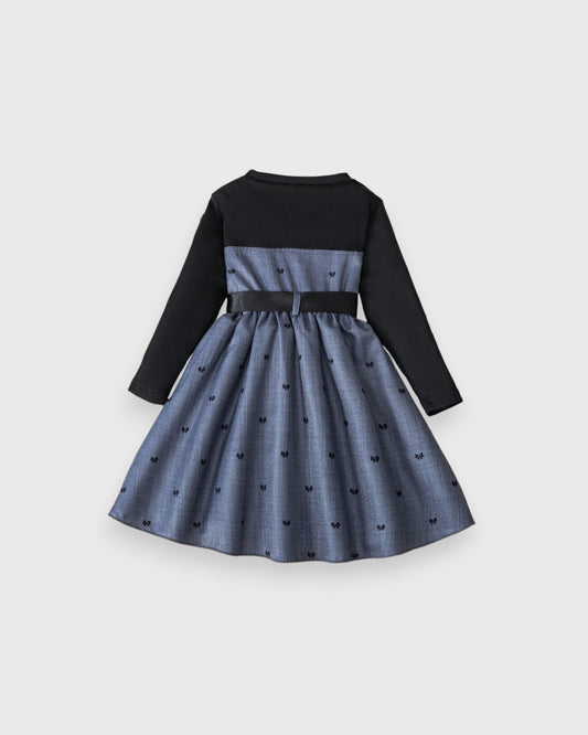 Girls Long Sleeve Bow Print A-line Dress