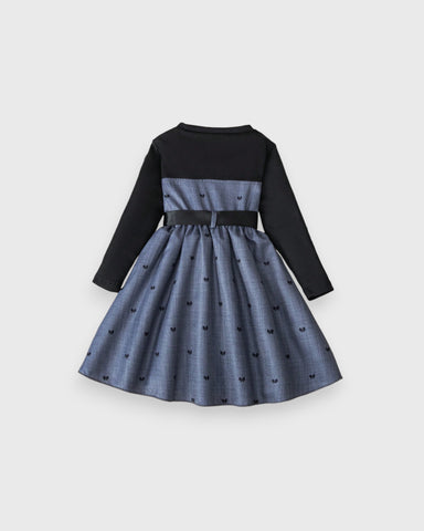Girls Long Sleeve Bow Print A-line Dress