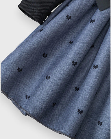 Girls Long Sleeve Bow Print A-line Dress