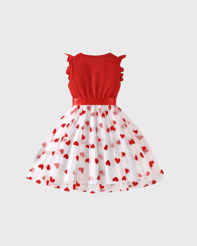 Girls Hearts Tulle Ruffle Sleeve Dress