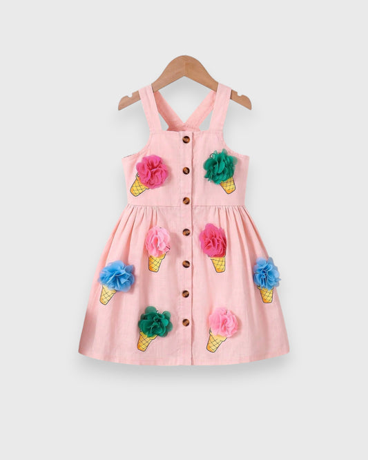 Girls 3D Pom Pom Ice Cream Button Up Dress