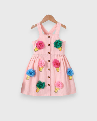 Girls 3D Pom Pom Ice Cream Button Up Dress
