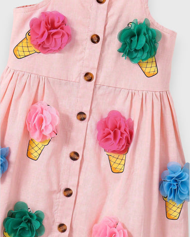 Girls 3D Pom Pom Ice Cream Button Up Dress