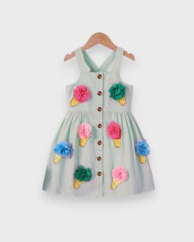 Girls 3D Pom Pom Ice Cream Button Up Dress