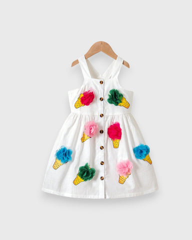 Girls 3D Pom Pom Ice Cream Button Up Dress