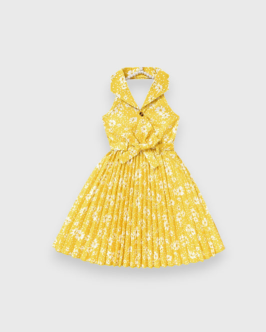 Girls Floral Print Halter Pleated Skirt Dress