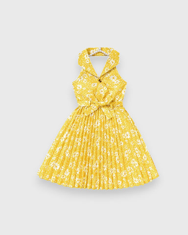 Girls Floral Print Halter Pleated Skirt Dress