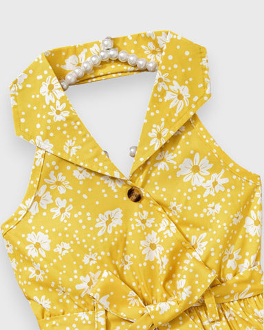 Girls Floral Print Halter Pleated Skirt Dress