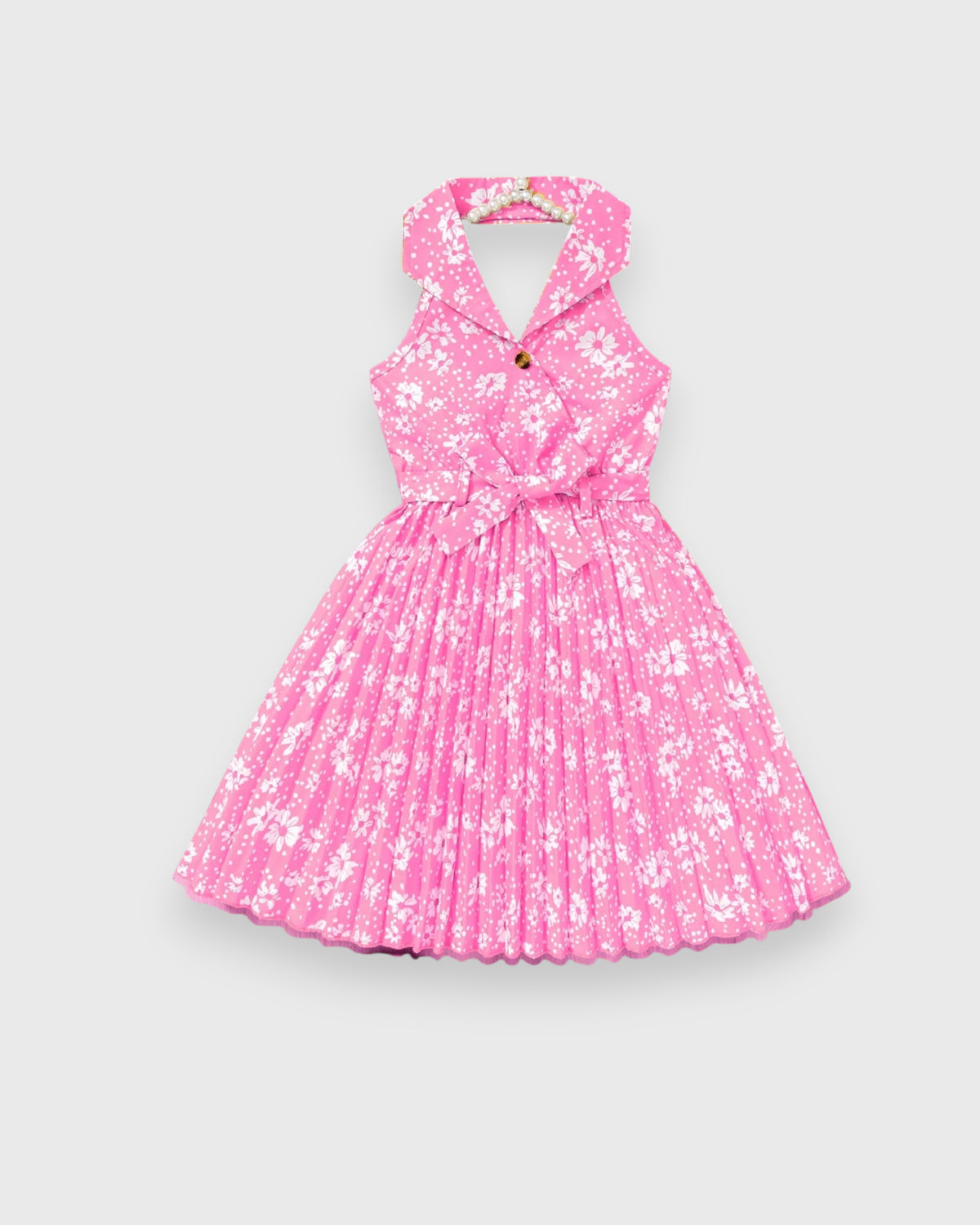 Girls Floral Print Halter Pleated Skirt Dress