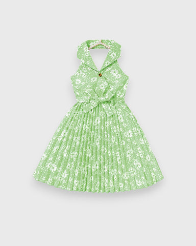 Girls Floral Print Halter Pleated Skirt Dress