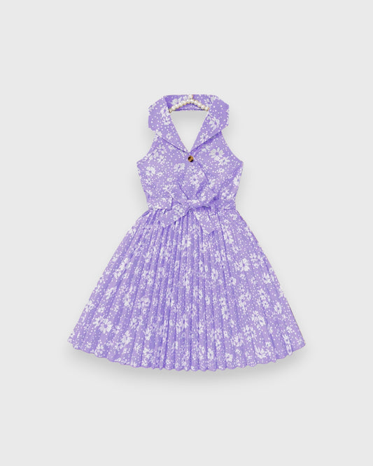 Girls Floral Print Halter Pleated Skirt Dress