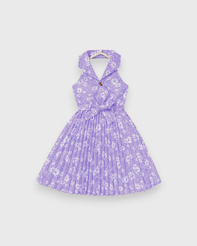 Girls Floral Print Halter Pleated Skirt Dress