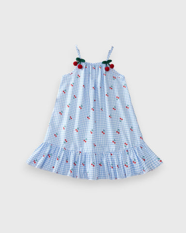 Girl Cherry Gingham Plaid Cami Sundress 7 Y / Blue Girl Cherry Gingham Plaid Cami Sundress 7 Y / Blue