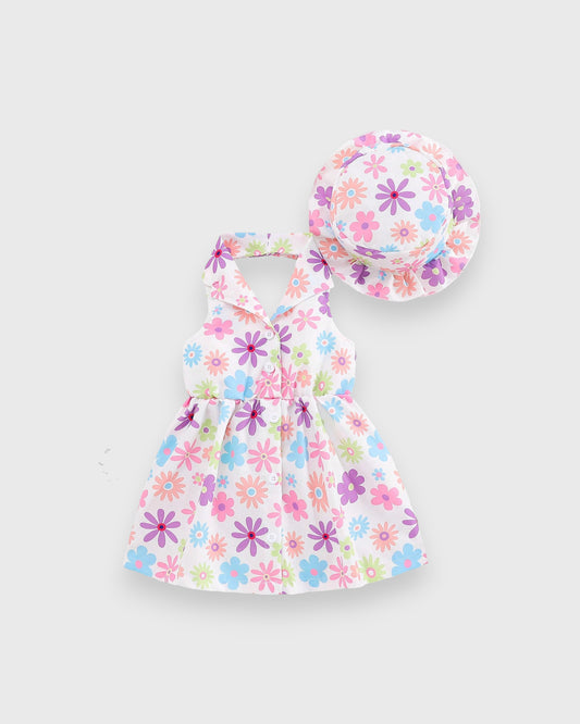Baby Girl Floral Print Halter Dress w/ Hat