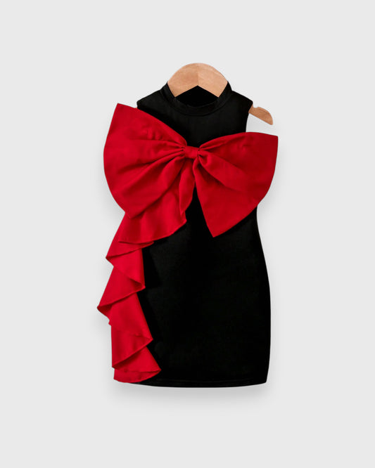 Girl Bow Cascade Ruffle Mock Neck Dress