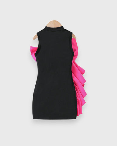 Girl Bow Cascade Ruffle Mock Neck Dress