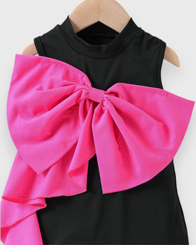 Girl Bow Cascade Ruffle Mock Neck Dress