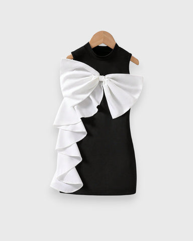 Girl Bow Cascade Ruffle Mock Neck Dress