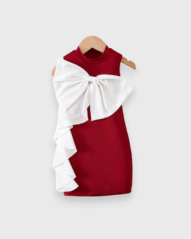 Girl Bow Cascade Ruffle Mock Neck Dress