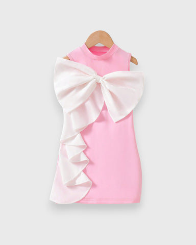 Girl Bow Cascade Ruffle Mock Neck Dress