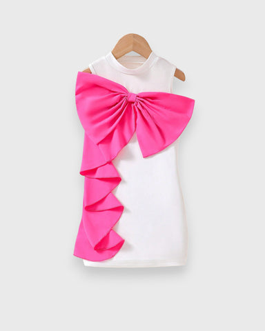 Girl Bow Cascade Ruffle Mock Neck Dress
