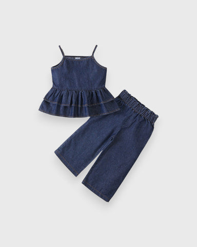 2 Pc Baby Girl Denim Peplum Wide Leg Pant Set