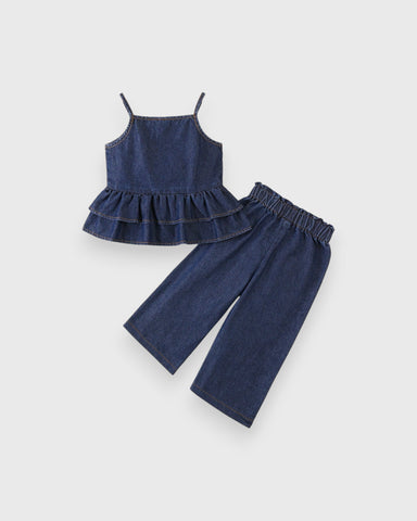 2 Pc Baby Girl Denim Peplum Wide Leg Pant Set