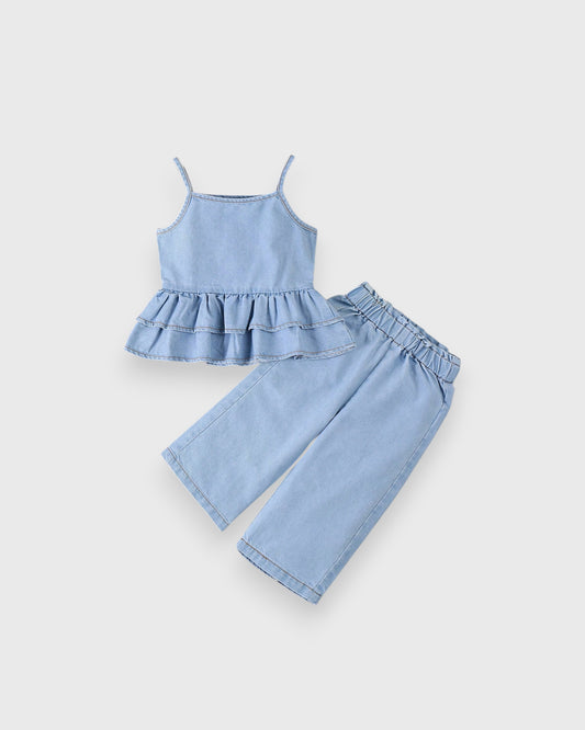 2 Pc Baby Girl Denim Peplum Wide Leg Pant Set