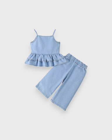 2 Pc Baby Girl Denim Peplum Wide Leg Pant Set