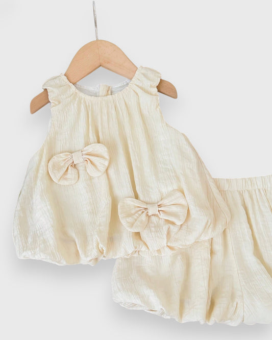 2 Pc Baby Girl Bow Detail Bubble Shirt & Shorts Set