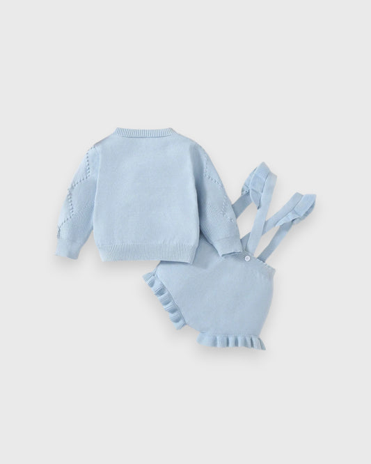 2 Pcs Baby Girl Bow Cardigan w/ Ruffle Suspender Shorts