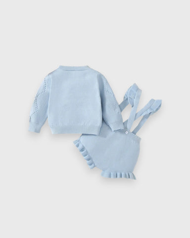 2 Pcs Baby Girl Bow Cardigan w/ Ruffle Suspender Shorts