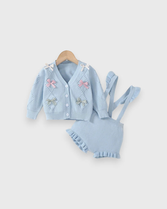 2 Pcs Baby Girl Bow Cardigan w/ Ruffle Suspender Shorts