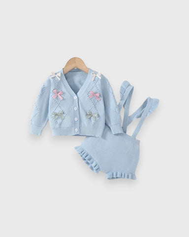 2 Pcs Baby Girl Bow Cardigan w/ Ruffle Suspender Shorts