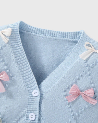2 Pcs Baby Girl Bow Cardigan w/ Ruffle Suspender Shorts