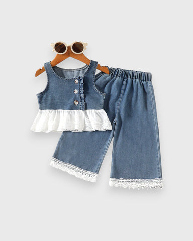 2 Pc Baby Girl Denim Lace Peplum Wide Leg Pant Set