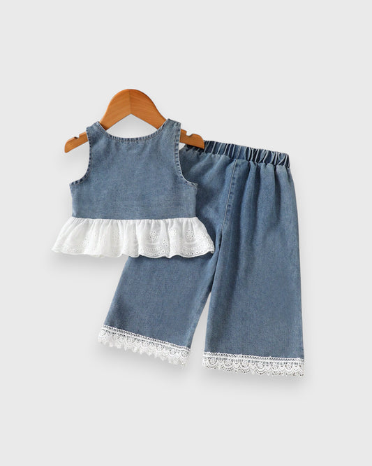 2 Pc Baby Girl Denim Lace Peplum Wide Leg Pant Set