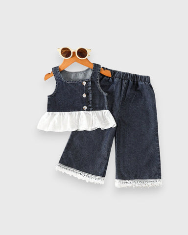 2 Pc Baby Girl Denim Lace Peplum Wide Leg Pant Set