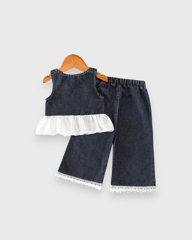 2 Pc Baby Girl Denim Lace Peplum Wide Leg Pant Set