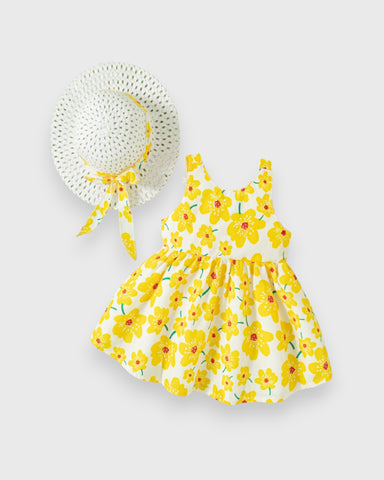 2 Pc Baby Girl Bow Back Flower Dress w/ Sun Hat