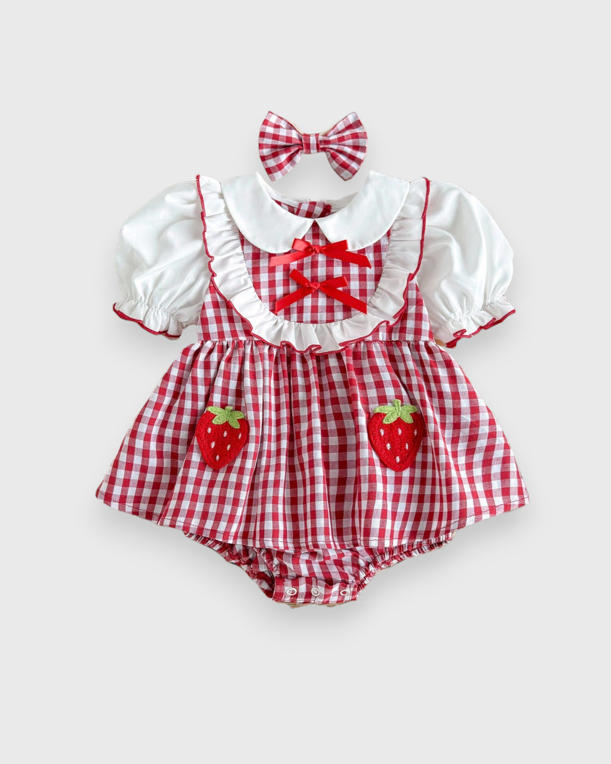 2 Pc Baby Girl Ruffle Bib Puff Sleeve Gingham Bodysuit
