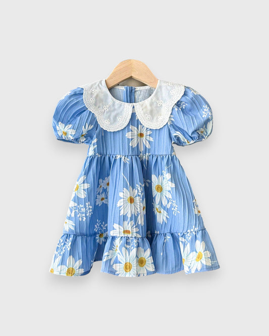 Baby Girl Daisy Print Lace Collar Puff Sleeve Sun Dress
