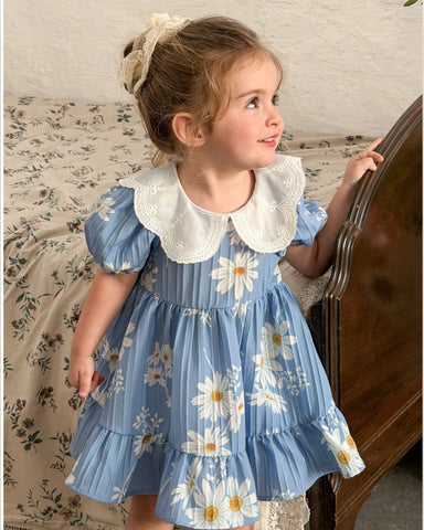 Baby Girl Daisy Print Lace Collar Puff Sleeve Sun Dress
