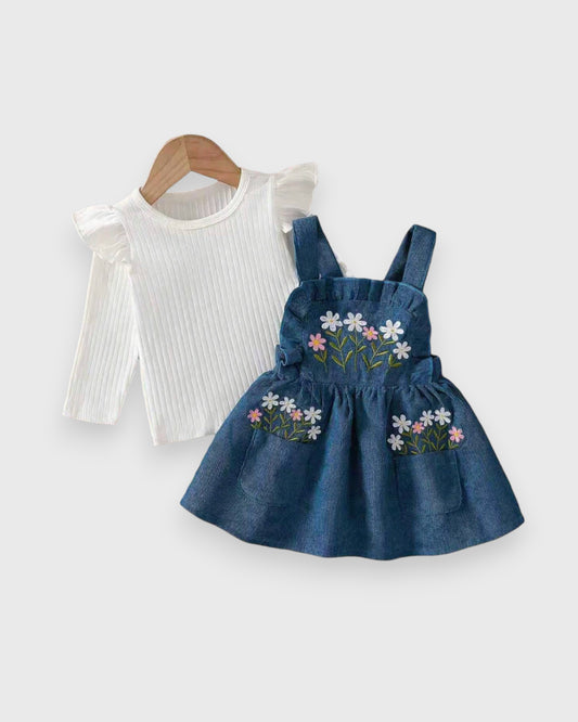 2 Pc Baby Girl Floral Embroidery Corduroy Dress