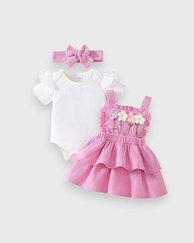 3 Pc Baby Girls 3D Floral Corduroy Dress Set